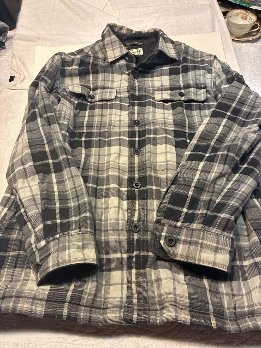 L.L. Bean Traditional Fit Gray Plaid Fleece-Lined Flannel Shirt Jacket Shacket M